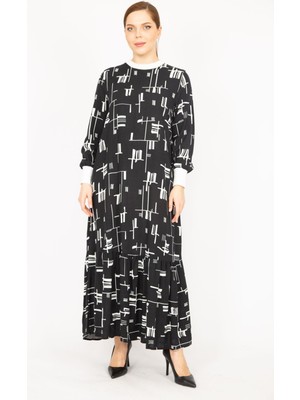 Şans Kadın Kemik Büyük Beden Dokuma Viskon Kumaş Yaka Ve Kol Ağzı Ribanalı Uzun Elbise