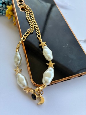 Nevgis Aksesuar Siyah Taşlı Hilal Uçlu Inci Boncuklu Telefon ve Çanta ı