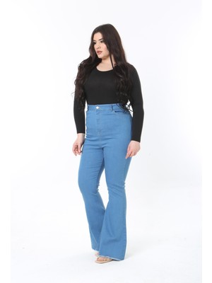 Kadın Büyük Beden Mavi Yüksek Bel Geniş Paçalı 5 Cep Likralı Kot Pantolon 65N38894