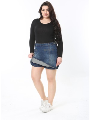 Kadın Büyük Beden Lacivert Süs Flota Cepli Yan Fermuarlı Kot Şort Etek 65N38886