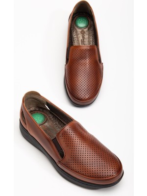 Hakiki Deri Büyük Numara Ortopedik Kadın Günlük Ayakkabı Taba Lazer Baskılı Yan Pencereli