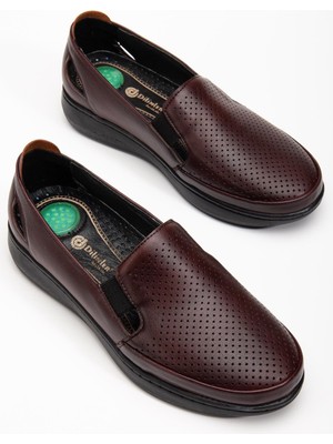 Hakiki Deri Büyük Numara Ortopedik Kadın Günlük Ayakkabı Bordo Lazer Baskılı Yan Pencereli