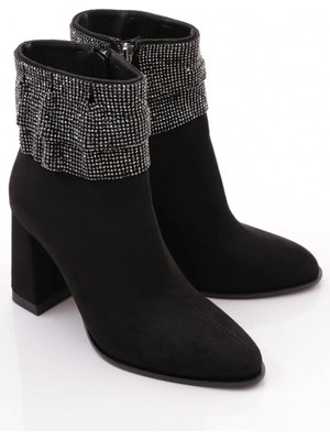 Krıste Bell 5024 Süet Siyah Kadın Topuklu Bot Taş Detaylı Kışlık Ayakkabı