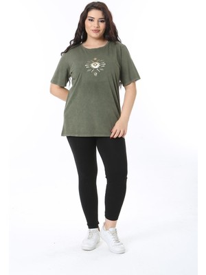 Kadın Büyük Beden Haki Pamuk Kumaş Lak Baskılı Bisiklet Yakalı Kısa Kollu Bluz 65N38755