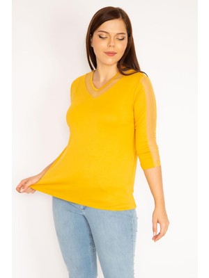 Kadın Büyük Beden Hardal Tül Detaylı Viskon Bluz 65N38859