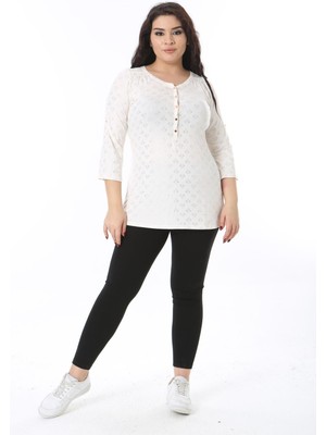 Kadın Büyük Beden Kemik Ön Patı Metal Düğmeli Kapri Kollu Lak Baskılı Bluz 65N38758