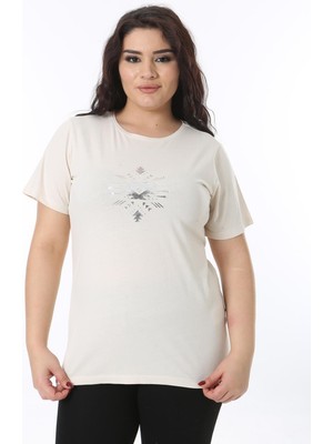 Kadın Büyük Beden Bej Pamuk Kumaş Lak Baskılı Bisiklet Yakalı Kısa Kollu Bluz 65N38755