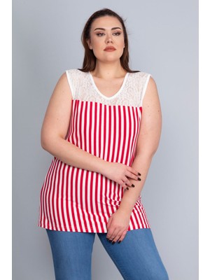 Şans Kadın Kırmızı Robası Dantel Detaylı Çizgili Viskon Bluz 65N22750