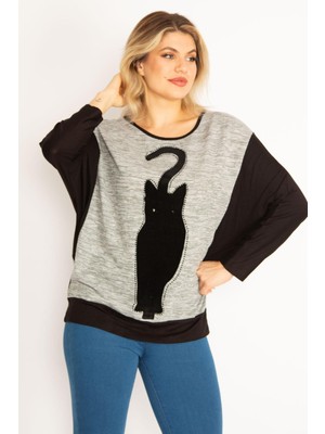 Kadın Büyük Beden Siyah, Kedi Figürlü Flok Baskı ve Taş Detaylı 2 Renkli Tunik 65N38945