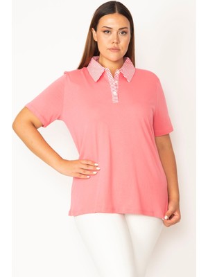 Kadın Pembe Pamuklu Kumaş Polo Yaka Ön Pat Düğmeli  Bluz 65N27823