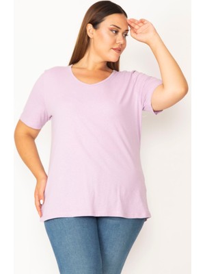 Şans Kadın Lila Pamuklu Kumaş V Yakalı Kısa Kollu Bluz 65N29546