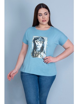 Şans Kadın Mavi Lak Baskılı Düşük Kol Bluz 65N22983