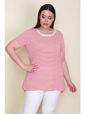 Şans Kadın Kırmızı Yakası Tül Detaylı Simli Çizgili Bluz 65N25649