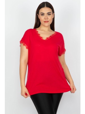 Şans Kadın Kırmızı Dantel Detaylı Viskon Bluz 65N13235