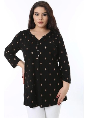 Kadın Büyük Beden Siyah Kol Boy Ayarlı Ön Patı Metal Düğmeli Likralı Bluz 65N38764