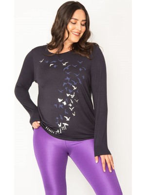 Şans Kadın Lacivert Baskı Detaylı Viskon Bluz 65N30457