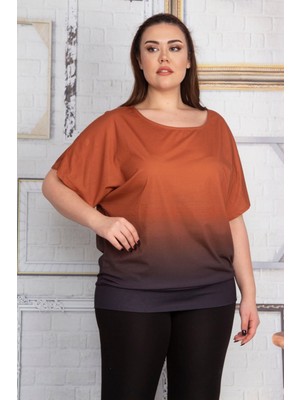 KADIN ORANJ BATİK DESENLİ DÜŞÜK KOL ETEK UCU BANTLI BLUZ