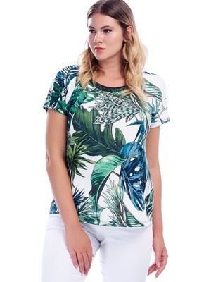 Kadın Yeşil Yakası Simli Kısa Kollu Desenli Bluz