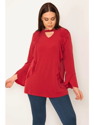 Şans KADIN BORDO YAKA VE VOLAN DETAYLI BLUZ