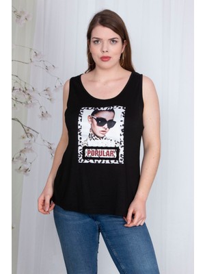 Şans Kadın Siyah Dijital Baskılı Arka Robası File Detaylı Bluz 65N24348