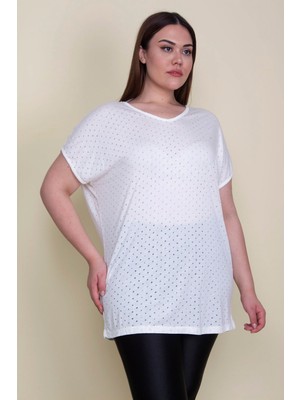 Şans Kadın Kemik Nopeli Kumaş V Yakalı Düşük Kol Bluz 65N25690