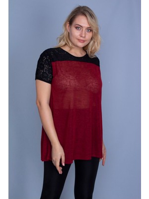 Şans Kadın Bordo Roba Dantel Detaylı Düşük Kollu Bluz 65N25838