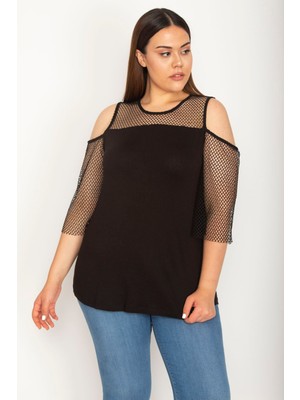 Kadın Siyah Roba ve Kolları File Detaylı Viskon Bluz 65N27071