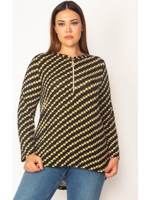 Kadın Siyah Ön Pat Fermuarlı Viskon Bluz 65N28620