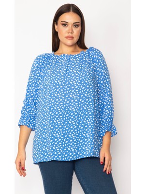 Kadın Mavi Yaka ve Kol Ağzı Lastik Detaylı Dokuma Viskon Kumaş Bluz 65N29314