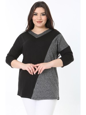 Kadın Büyük Beden Siyah Sim Detaylı Kapri Kollu Bluz 65N38879