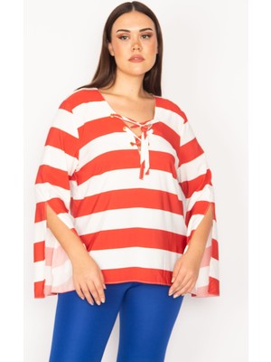 Şans Kadın Kırmızı Yakası Kuşgözlü Bağcık Detaylı Kol Yırtmaçlı Çizgili Bluz 65N30165