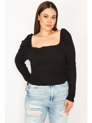 Kadın Siyah Beden Kısmı Gipe Lastikli Karmen Yaka Uzun Kollu Crop Bluz