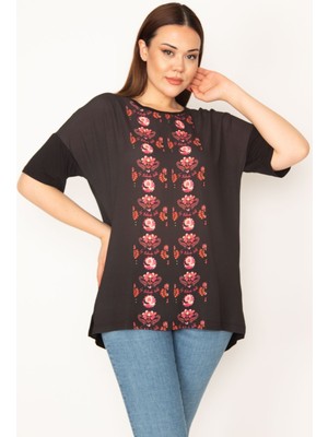 Kadın Siyah Ön Desenli Kısa Kollu Bluz