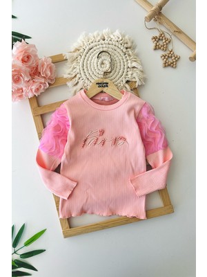Miniğimin Cicileri Kol Tül Detaylı Taş Işleme Kız çocuk sweat - Somon
