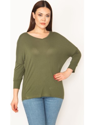 Kadın Haki V Yakalı Uzun Kollu Basic Bluz