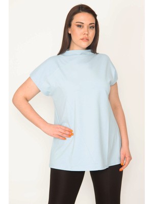 Kadın Mavi Organik Koton Sıfır Yaka Kuplu Bluz