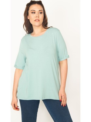 Kadın Yeşil Önü Taş Detaylı Duble Kol Bluz