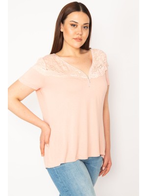 Kadın Somon Ön Patı Fermuarlı Dantel Detaylı Bluz