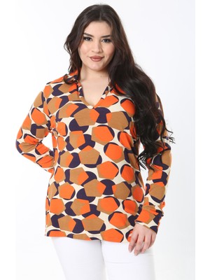 Şans Kadın Büyük Beden Oranj V Yakalı Likralı Uzun Kollu Bluz 65N38875