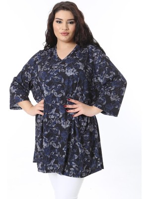 Şans Kadın Büyük Beden Lacivert V Yakalı Rahat Kesim Kapri Kollu Tunik Elbise 65N38770