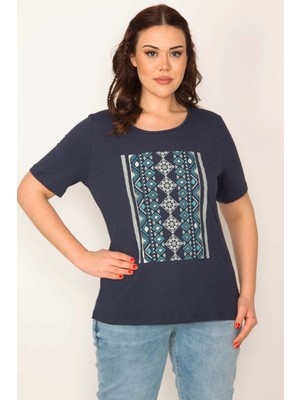 Şans KADIN LACİVERT LAME BASKILI BİSİKLET YAKALI KISA KOLLU BLUZ