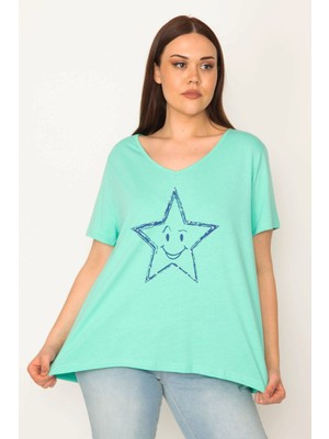 Şans KADIN YEŞİL TAŞ BASKILI V YAKALI BLUZ