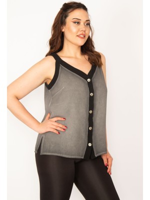 Şans Kadın Füme Kirli Yıkama Çıtçıt Metal Düğmeli Biye Detaylı Bluz 65N33347