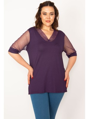 Kadın Mürdüm Kol ve Yakası Tül ve Taş Detaylı Bluz 65N33345