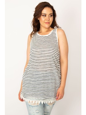 Kadın Kemik Etek Ucu Dantelli Çizgili Bluz 65N33671