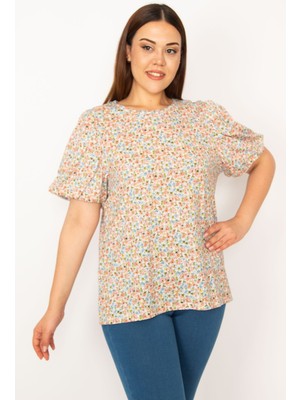 Şans Kadın Renkli Balon Kol Çiçek Desenli Bluz 65N33287