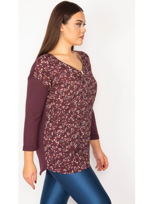 Kadın Mürdüm Ön Desenli Fermuar Patlı Kapri Kol Bluz 65N34386