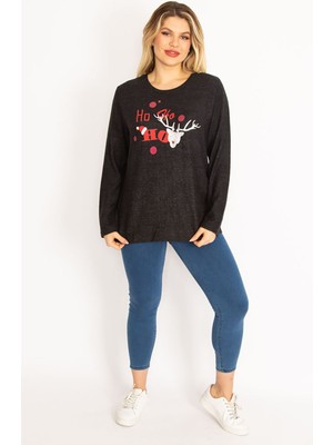 Kadın Siyah Yün Viskon Kumaş Lak Baskılı Bluz 65N35057