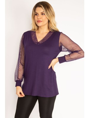 Şans Kadın Mürdüm Yaka Ve Kolları Simli Tül Bluz 65N35185