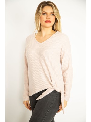 Kadın Gri V Yakalı Kabartma Desenli Ön Bağcıklı Bluz 65N35168